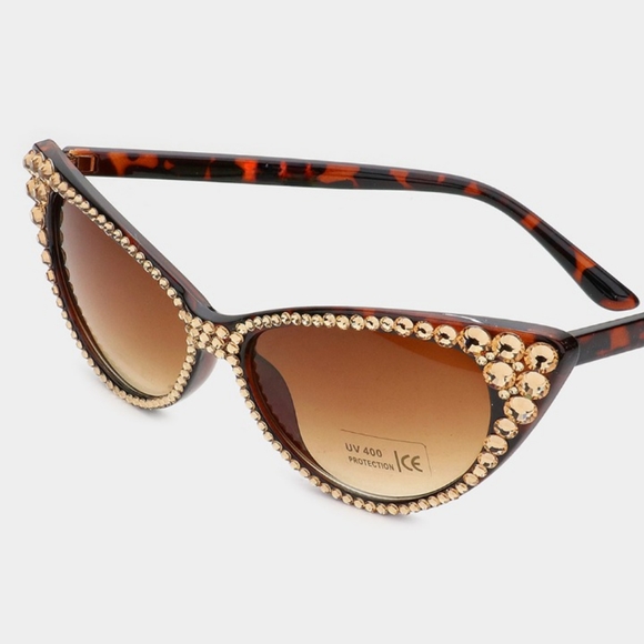 Brown Topaz Cat Eye Rhinestone Sun Glasses Shades Animal Bling Style - Picture 1 of 2